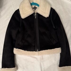 Saks Fifth Avenue Black Bomber Jacket with Cream Sherpa Trim